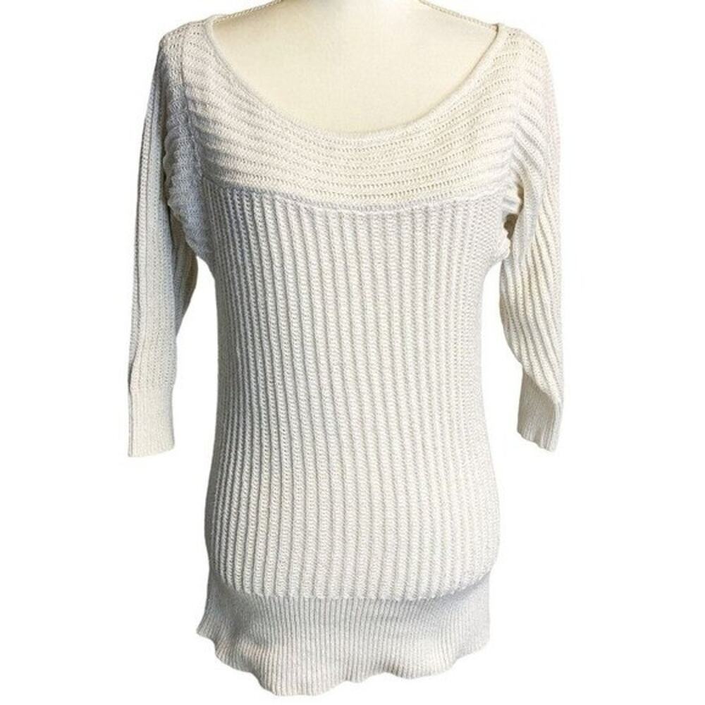WHBM Deep Scoop Neck 3/4 Sleeve Metallic White Cable Knit Pullover Sweater Small